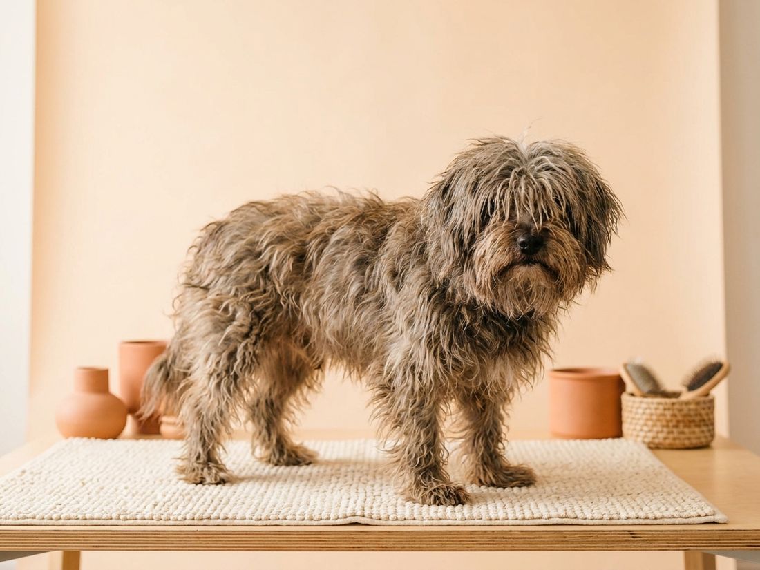 Perro antes del corte, con el pelo largo y enredado