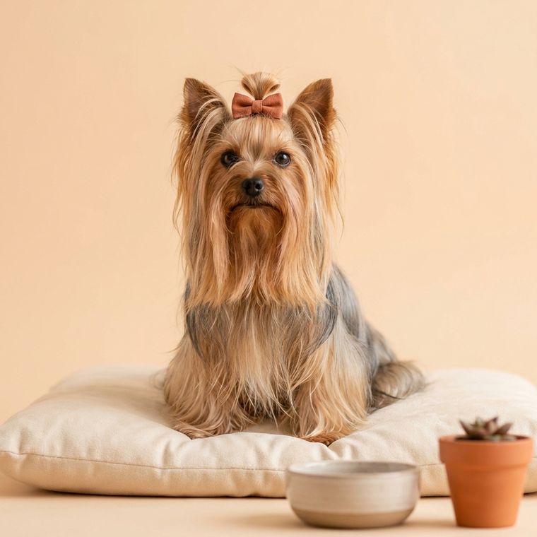 Yorkshire terrier con pelo largo y lazo