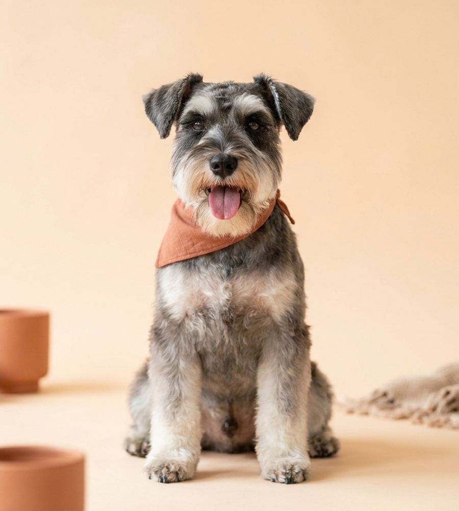 Schnauzer miniatura recién peluqueado con pañuelo terracota
