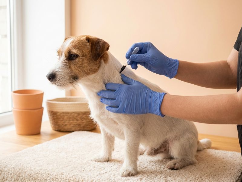 Aplicación de tratamiento antipulgas en la nuca de un jack russell