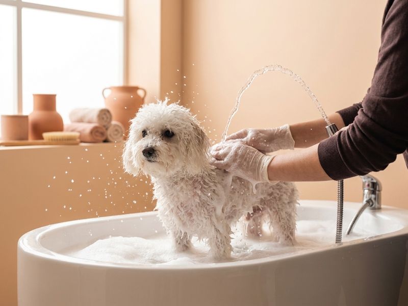 Perro bichón durante el baño con espuma de champú