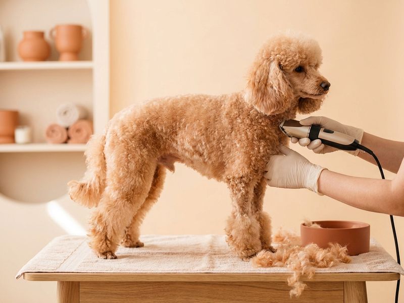 Caniche toy en la mesa de peluquería durante el corte con máquina