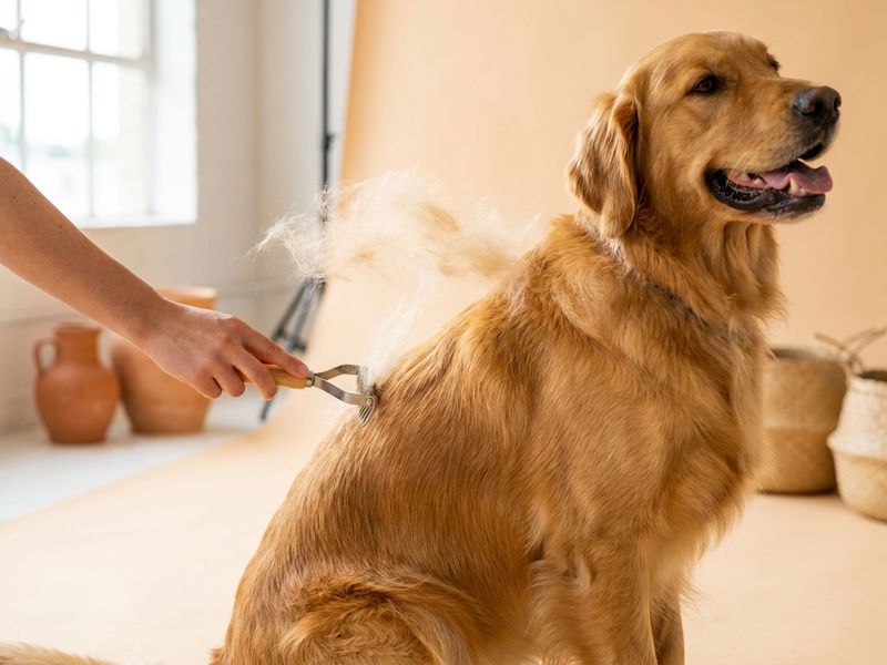 Golden retriever durante el deslanado con rastrillo profesional