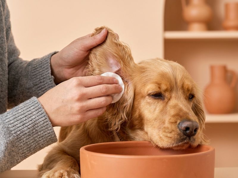 Limpieza de oídos a un cocker spaniel con algodón suave